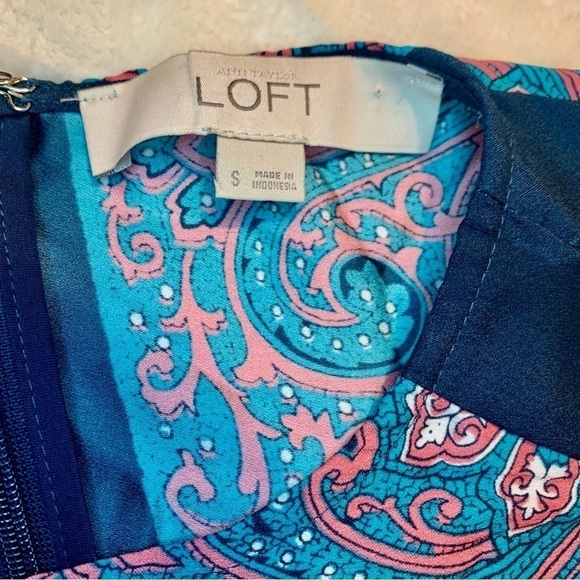 LOFT Sheath Dress Small Teal Pink Navy Sleeveless Lightweight Patterned Back Zip - Picture 10 of 14